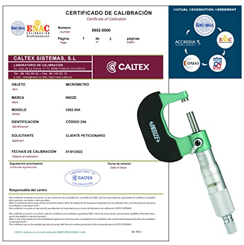 Micrómetro de exteriores INSIZE 3202-25A - Micrómetro de exteriores Calibrado ENAC - Incluye Certificado de Calibración Acreditado