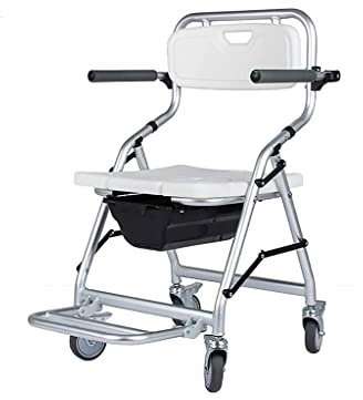FKJLUN, Silla orinal plegable Silla con WC Silla de ducha de aluminio portátil/silla de inodoro, silla plegable junto a la cama con ruedas, reposabrazos plegables y reposapiés, hasta 120 kg