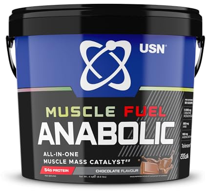 USN Muscle Fuel Anabolic All-In-One Muscle Mass Gainer, Chocolate Flavour - 4kg, 54g Protein Powder, 5g Creatine Powder & 5g BCAA Powder For Maximum Muscle Growth, Post Workout Recovery Drink Mix