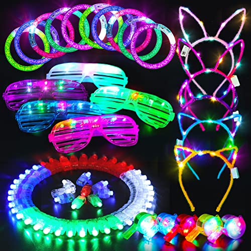 Partyzubehör für Kinder LED-Leuchtspielzeug 3–12 Jungen Mädchen, 65 Stück Geburtstags LED Spielware für Kinder Preise, 5 LED brillen 10 Armbänder 5 Haarreif 5 Halskette 40 Fingerlicht Gastgeschenke