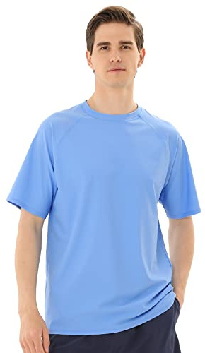 TIZAX Tee Shirt Anti-UV Homme Rashguard à Manches Courtes UPF 50+ Maillot de Bain Hauts T-Shirt de Sport Séchage Rapide Bleu M