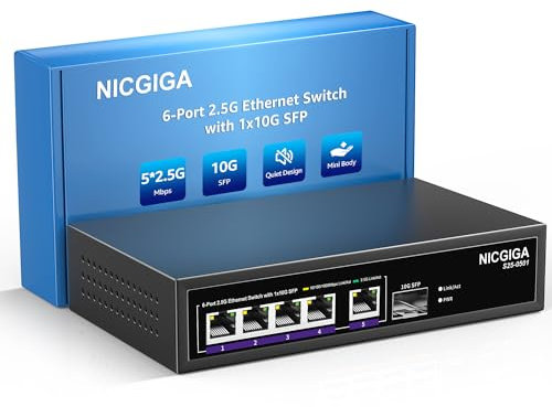 NICGIGA 5 Port 2.5G Ethernet Switch mit 10G SFP Uplink, Unmanaged 2.5Gb Netzwerk Switch, Plug & Play, Desktop/Wandmontage, lüfterloses Metalldesign.