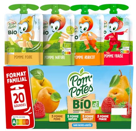 POM'POTES® - Compote Gourde BIO Sans Sucres Ajoutés* - Pomme Nature - Pomme Poire - Pomme Abricot - Pomme Fraise - Pommes Françaises - Source De Fibres - Nutri-Score A - 3 Ans Et Plus - 20 x 90g