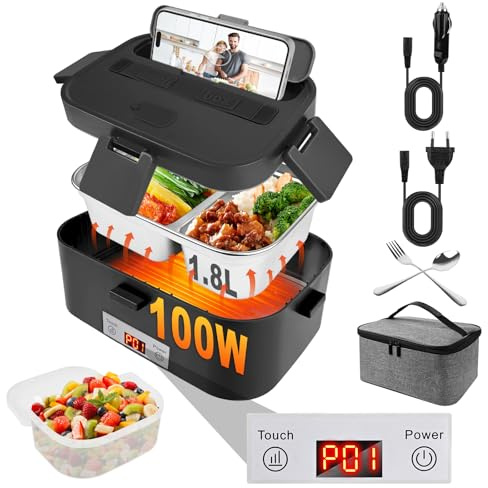 Czoele 100W Scaldavivande Elettrico Portatile 1,8L Lunch Box Elettrico Portatile Scaldavivande 3 in 1 12V 24V 220V Scalda Vivande Elettrico per Auto Camion e Ufficio Schiscetta Pranzo Riscaldabile