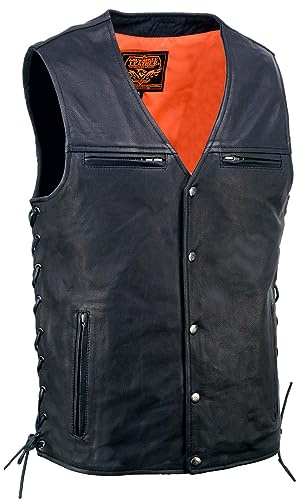 Milwaukee Leather MLM3517 Men's Black Premium Leather Classic V-Neck Side Lace Motorcycle Rider Vest - Large