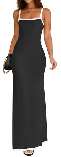 ZESICA Abito Lungo Aderente Senza Maniche da Donna con Spalline Sottili estive 2024 Abiti Lunghi in Maglia a Coste a Contrasto con Scollo Quadrato, Nero, M