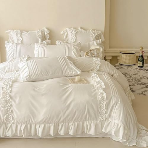 Sedefen Housse de Couette 220x240cm Blanc Volants Romantique Parure de Lit Feuille de Lotus 2 Personnes Adulte Housse Couette en Microfibre Avez Fermeture Éclair et 2 Taies d'oreiller 65x65cm