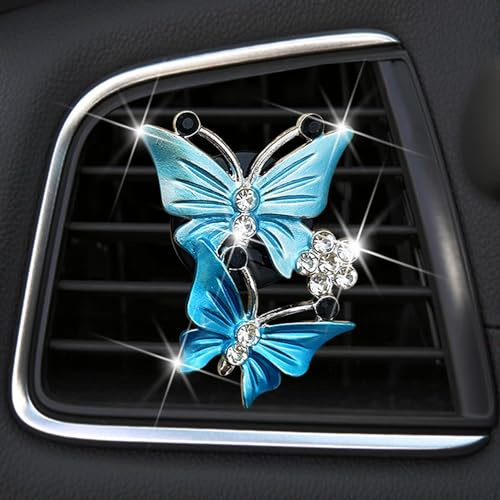 Blue Car Air Fresheners Vent Clips for Women, Cute Dual Butterfly Diamond Rhinestone Air Freshener Vent Clip Sparkly Bling Car Accessories for Women