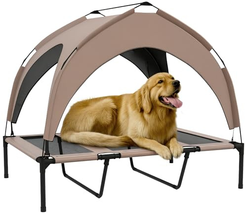 PawHut Cama para Perros Elevada con Toldo, Cama para Perros Grandes, Refrescante y Transpirable, 106x76x94 cm, con Marco de Acero y Bolsa de Transporte, para Interior y Exterior, Café