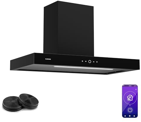 Klarstein SmartEdge Dunstabzugshaube - 90 cm Wandhaube, WLAN- & Touch-Steuerung, 550 m³/h Luftdurchsatz, A+ Energieeffizienz, LED-Beleuchtung, Flüsterleise 34 dB, Schwarz