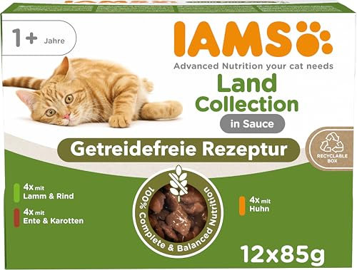 IAMS Delights Land Collection Katzenfutter Nass Getreidefrei - Multipack mit Fleisch Sorten in Sauce, getreidefreies Nassfutter für Katzen ab 1 Jahr, 12 x 85g