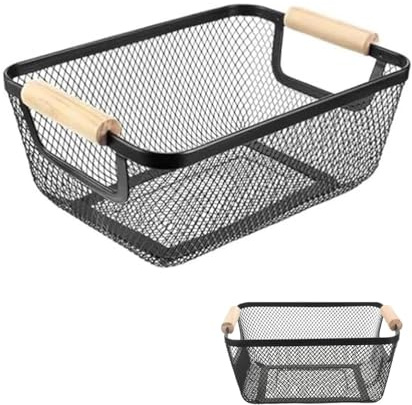 Cesta de alambre con asas de madera, cesta de malla de metal, cesta de almacenamiento rectangular, para cocina, despensa, baño, dormitorio, 16,5 x 37 x 22,5 cm (negro)