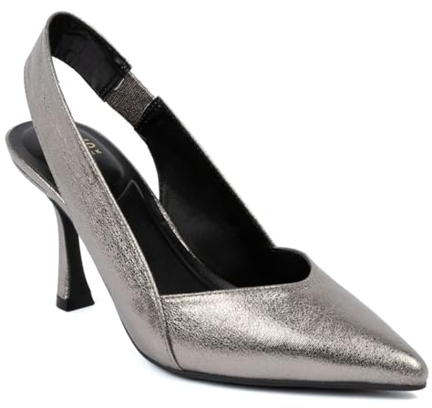 Jones New York Women’s Kitten Heel Slingback Pumps – Comfortable Slip-On Pointed Toe Dress Shoes for Work and Parties-Modan, Dark Silver-Size 8.5