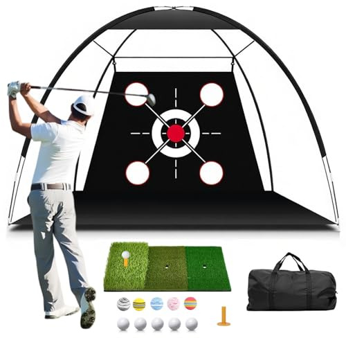 Filet d'entraînement de Golf avec Tapis, Ensemble d'entraînement Portable de 300 x 200 cm avec Cible, 3 Tapis de Frappe, 10 balles de Golf, Tees et Sac de Transport pour l'intérieur et l'extérieur