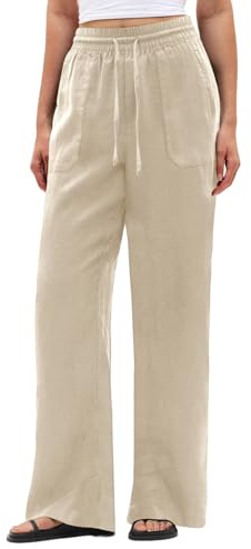 SEMARO Wide Leg Palazzo Pants for Women Casual Drawstring Flowy Beach Linen Trousers with Pockets Vacation Khaki