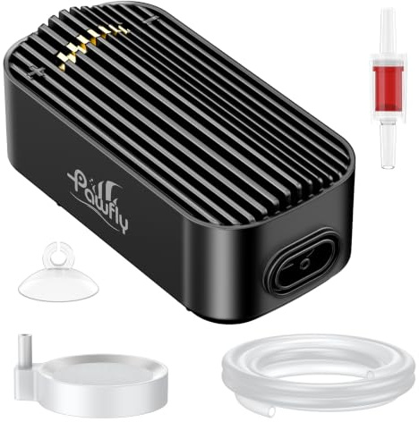 Pawfly akvarieluftpump, 303 l/h fiskbäckenluftpump | för bassänger upp till 265 L, tyst, justerbar, med slang, sten och ventil, luftare för fisk