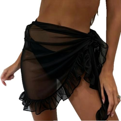 WADUBI Dam Chiffong Sarong Strandwrap Kjol, Kort Bikini Överdrag, Lättviktigt Knytpareo, Svart