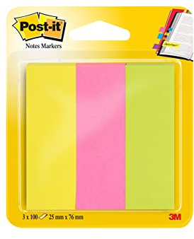 Post-it Note Markers 100 Each of Neon Yellow, Pink and Lime Green, Pack of 3 Pads, 25 mm x 76 mm - to Mark, Highlight or Color Code Important Information