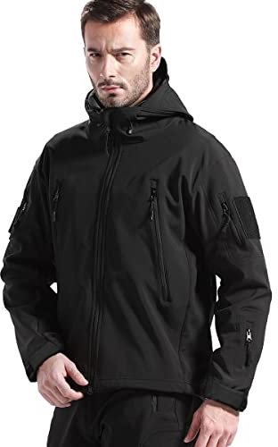 FREE SOLDIER Herren Winterjacke Military Softshell Jacken Outdoor Fleecefutter Winddichte Wasserdichte Jacke mit Kapuze Warme Taktische Jacken mit Mehreren Taschen für Jagdausflüge (Schwarz,XL)