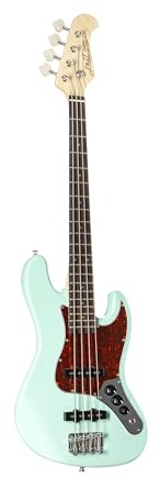 J & D E-Bass, Shortscale Bass Gitarre mit 4 Saiten und Erle Korpus, JB Bass mit 2 Single Coil Tonabnehmern und passiver Elektronik, Mini Surf Green