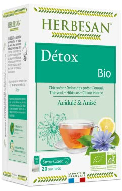 HERBESAN®- INFUSION DÉTOX BIO - Saveur Citron - Acidulé & Anisé - Sans plastique - 100% plantes - 20 sachets en papier