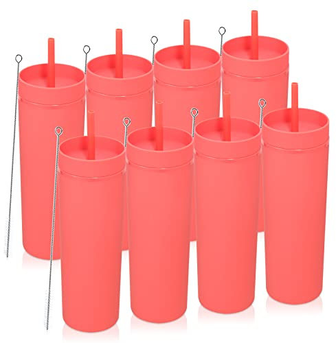 Volhoply 600ml Vasos de Plástico 8 Pack,20 oz Vaso de Doble Pared con Tapa y Pajita,Taza de Café Helado de Viaje Reutilizable,Tumbler de Agua de Acrílico Mate Sin BPA para Fiestas,Regalos (Rojo,8 Set)