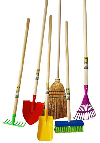 Rekord Kinder Gartengeräte Set 6-teilig Schaufel, Spitzspaten, Rechen, Besen, Laubbesen, Reisstrohbesen - Metall - Holz-Stiel (76cm) Gartenspielzeug, Gartenset, Kinder-Gartenwerkzeug