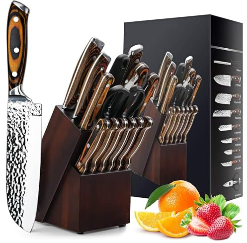 15-Piece Knife Sets for Kitchen, Hammered Desgin Knife Set with Block and Sharpener, High Carbon Stainless Steel Chef Knives with Triple Rivet Handle, Ultra Sharp