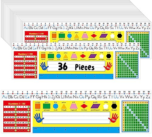 36 st namnskyltar för skrivbord, dubbelsidig PET-film, skrivbordsetiketter med alfabet, siffror, multiplikationstabell, former, färger och linjal, raderbar och återanvändbar traditionellt manuskript