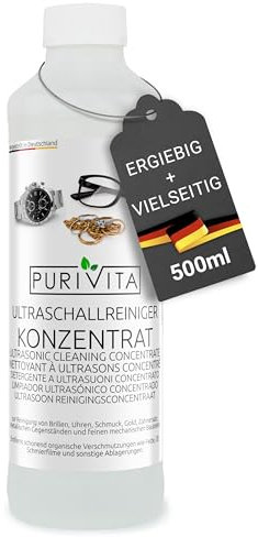 PURIVITA® Universale Liquido para Ultrasonidos Limpieza [500ML] - Limpiador Ultrasónico - Ultrasonic Cleaner - Liquido Maquina Ultrasonidos para Plata, Gafas, Dentaduras Postizas & Joyas