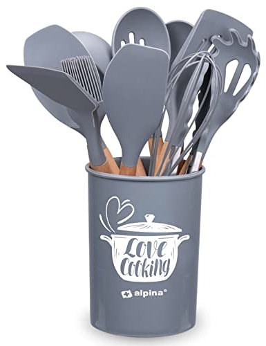 alpina Set di stoviglie da cucina con supporto, 12 pezzi, utensili in silicone con manico in legno, colore grigio
