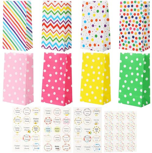 ERBO Papiertüten, 40 Stück Bunte Geschenktüten mit Aufkleber, mit Gebsel Tüten Geburtstagstüten Geschenk Tüten Kindergeburtstag Tüten