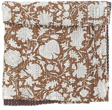 Hippie Floral Handblock Handmade Cotton Block Kantha Quilting Vintage Throw Blanket Quilt Cover Hippie Queen/King Size Bohemian Bed Decor (Dark Brown, 108X108 inch)