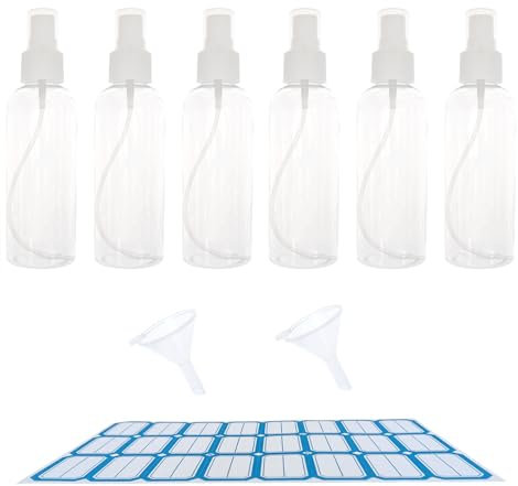 ZHIYE 6PCS Spray Bottle, 150ml Plastic Refillable Spray Bottle Clear Empty Fine Mist Atomiser Travel Bottle with Funnel and Labels for Cleaning Make-up Cosmetic Hair