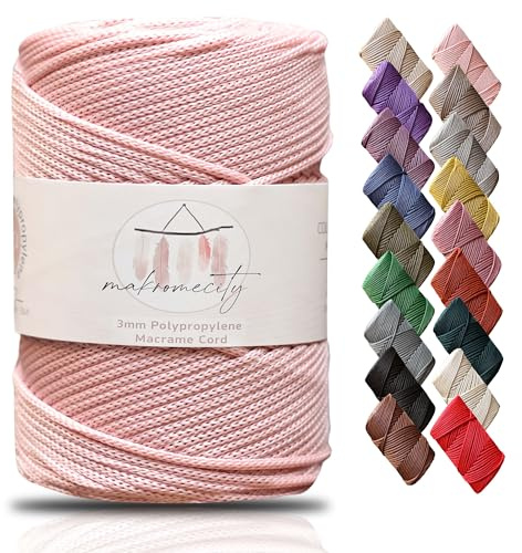 Makromecity, makramé sladd polyester 3 mm x 130 meter 3 mm polypropylen rosa för vägghängande väskor bottenplatta matta