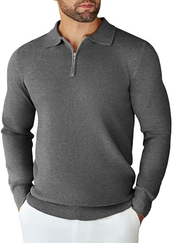 COOFANDY Herren Polokragen Pullover Half Zip Strickpullover Reißverschluss Männer Basic Sweatshirt Arbeitspullover Gestrick Pulli Mittelgrau L