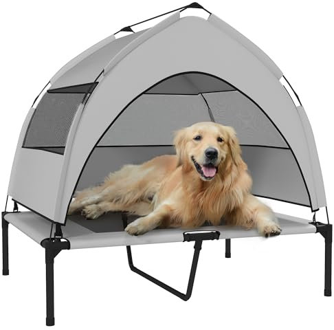 PawHut Elevated Dog Bed with Removable Canopy, Portable Cooling Raised Pet Cot with Breathable Mesh, Storage Bag, for Indoor Outdoor Use, for Medium Large Dogs, 92 x 75 x 89 cm, Light Grey