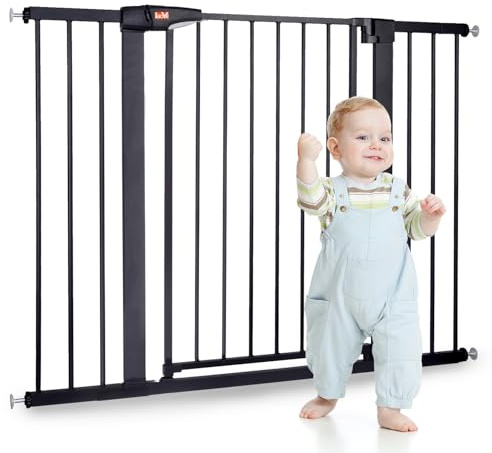 LAOYE cancelletto per bambini, Cancelletto per scale senza trapano, altezza extra alta 92 cm, larghezza 75-124 cm con 3 estensioni, per bambini, cani gatti, chiusura automatica arresto a 90°-Nero