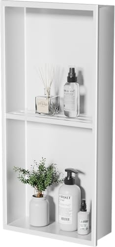 HelloaySen No Tile Needed Shower Niche - 304 Stainless Steel Recessed Bathroom Shelf, 2-Tier Waterproof Organizer (White, 24 Inches X 12 Inches, 2)