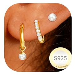 AVOTTO 3 Pair Gold Stud Hoop Earrings for Women Hypoallergenic Gold Pearl Drop Stud Hoop Huggie Earrings Stacks Jewellry Gifts