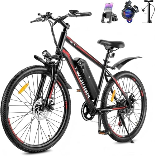 TWOFISH Electric Bike, 26 Electric Mountain Bike for Adults with 36V 15Ah Battery Max Range 100 KM 25KM/H 3 Riding Mode 7 Speed E Bike with Disc Brakes LED Display, TF-1 (Red-Black)