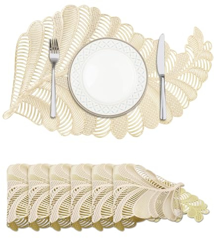 Privalace Ovagliette Tovaglietta Foglia Scavate Dorate,Set di 6 Tovagliette Lavabili in PVC Resistente al Calore Non-scivolose,per Tavolo da Cucina Natale e Feste Decor(Oro)