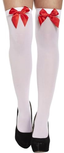 FEZTGVOFA 1 Pair Thigh High Socks, Long Women White Over Knee Red Bow Stockings, Satin Bows, for Women Ladies, Halloween, Fancy Dress Xmas, Valentine'S Day Favors