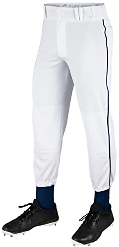 CHAMPRO Traditional Fit Triple Crown Classic Baseball Pants with Contrast-Color Braid Piping and Reinforced Sliding Areas, White, Navy Pipe, MEDIUM