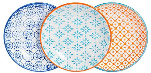 Nicola Spring Hand-Printed Sauce Dishes - 10cm - 3 Colours - Pack of 6 - Decorative Porcelain Side Dipping Dish for Soy Sauce, Seasoning, Chutney, Condiments