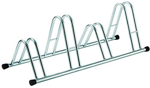 ANDRYS - Fahrradständer für 4 Fahrräder, mit schwarzen PVC-Kappen, kaltverzinkt, Farbe Silber, 110 x 42 x 38 cm