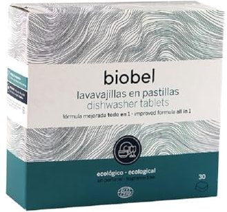 Biobel - Pastiglie per lavastoviglie - Origine naturale - Pastiglie monodose tutto in 1 - Pulisce e sgrassa lo sporco incorporato - Confezione idrosolubile - Senza profumo - 30 pezzi
