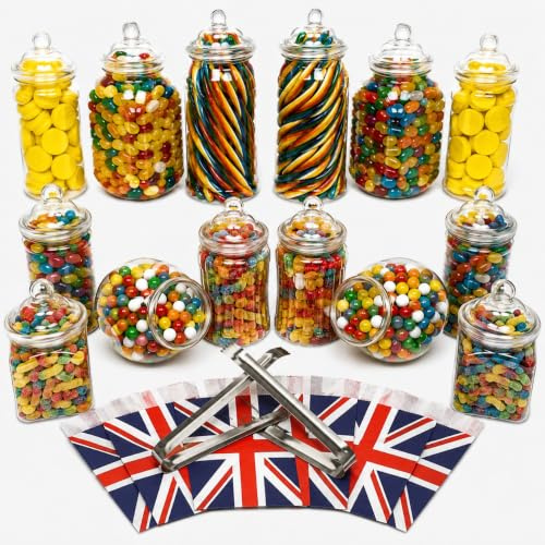 14 Plastic Sweet Jars, 7 Styles, 2 Tongs and 50 Bags. Ideal for Party, Wedding, Sweet Table, Candy Buffet (Union Jack Bags)