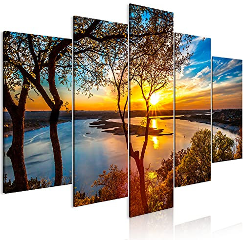 B&D XXL - Tableau Acoustique Paysage 100x50 cm 5 Parties - Décoration Isolation Phonique Bureau Chambre Panneau Insonorisant Impression sur Toile - Paysage Lac Forêt Coucher de Soleil c-B-0640-b-m