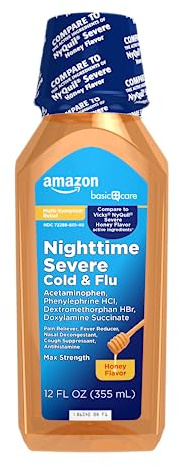 Amazon Basic Care Maximum Strength Nighttime Severe Cold and Flu Relief, Honey Flavor, Multi-Symptom Relief for Cough, Sore Throat, Congestion, 12 fl oz (1-Pack)